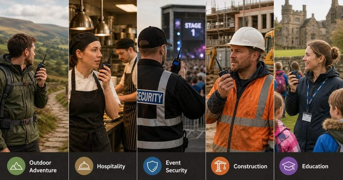 Five UK two-way radio users shown side by side — a countryside hiker, a restaurant kitchen team, an event security guard, a construction worker and a school outdoor group — illustrating the wide range of everyday radio communication uses