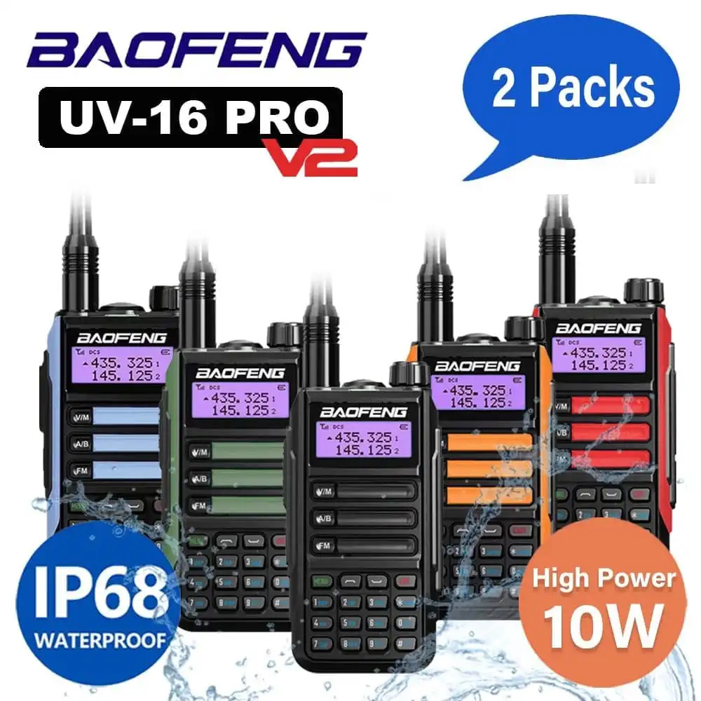 2x Baofeng UV-16 Pro V2 10W Dual-Band IP68 Waterproof Walkie Talkie  VHF/UHF Long Range Two Way Radio