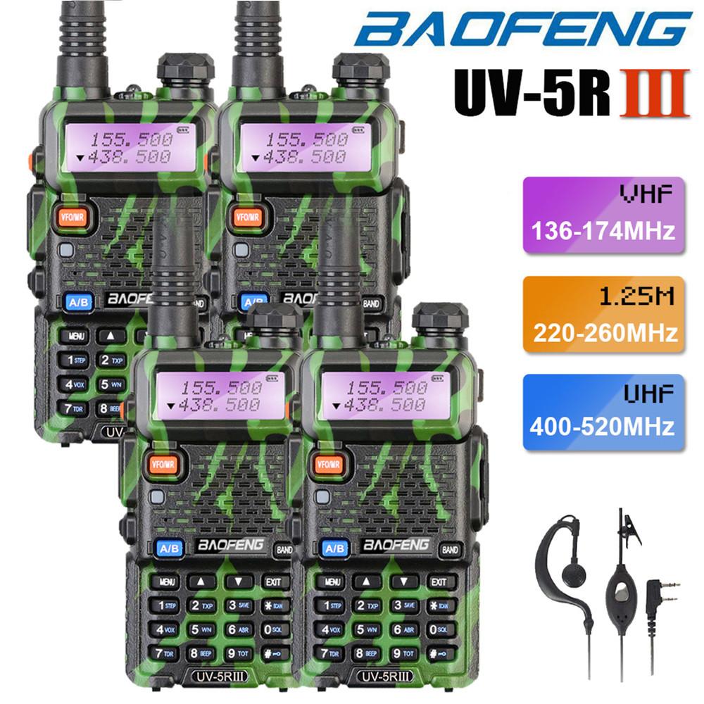 4 x Baofeng UV-5R III Tri-Band UHF/VHF Green Walkie Talkies Two Way Ham Radio Long Range + Earpiece 