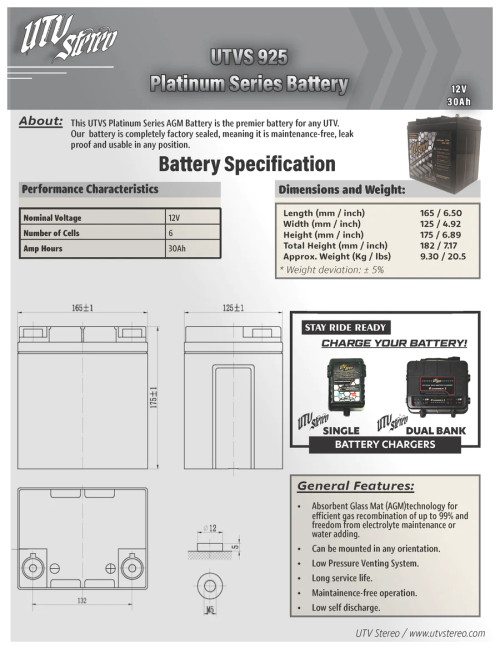 PLATINUM SERIES AGM 925 BATTERY | UTVS-925 PLATINUM SERIES AGM 925 BATTERY | UTVS-925