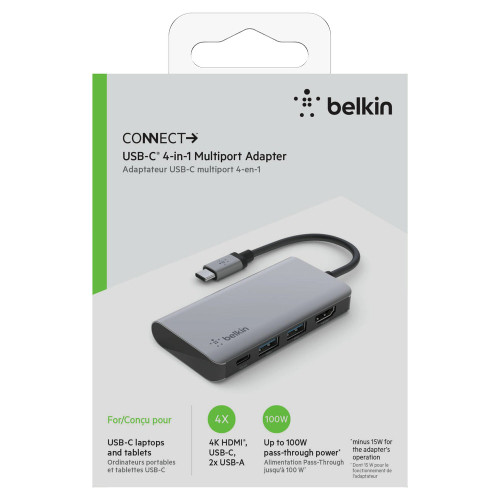 BELKIN Connect USB-C 4-in-1 Multiport Hub - HDMI 4K video resolution, 100W USB- BELKIN Connect USB-C 4-in-1 Multiport Hub - HDMI 4K video resolution, 100W USB-