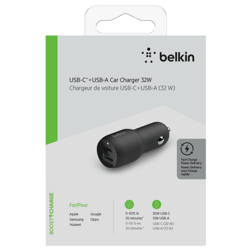 BELKIN 32W Car Charger - 20W USB-C and 12W USB-A - Black