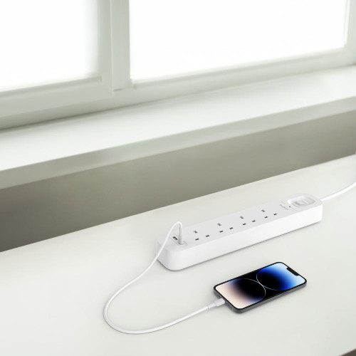 BELKIN Surge Protector 4 outputs - 2 Ports USB-C and USB-A - 2M - White BELKIN Surge Protector 4 outputs - 2 Ports USB-C and USB-A - 2M - White