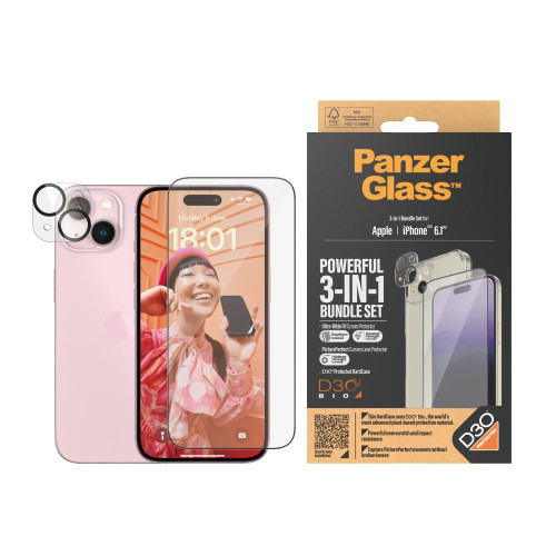 PANZERGLASS iPhone 15 - 360 Bundle with D3O - ClearCase + Screen Protector + Ca