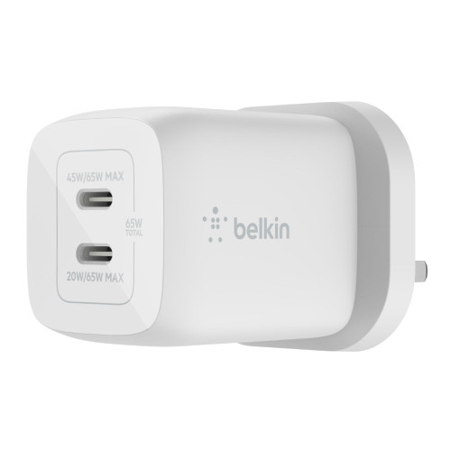 BELKIN BoostCharge 65W Dual USB-C PD Wall Charger w/ PPS - UK 3-Pin Plug - Whit