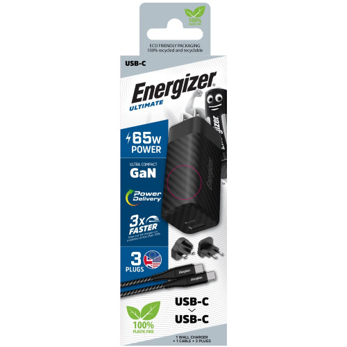 ENERGIZER Wall Charger PD Multi Plug 65W with USB-C Cable - Black ENERGIZER Wall Charger PD Multi Plug 65W with USB-C Cable - Black