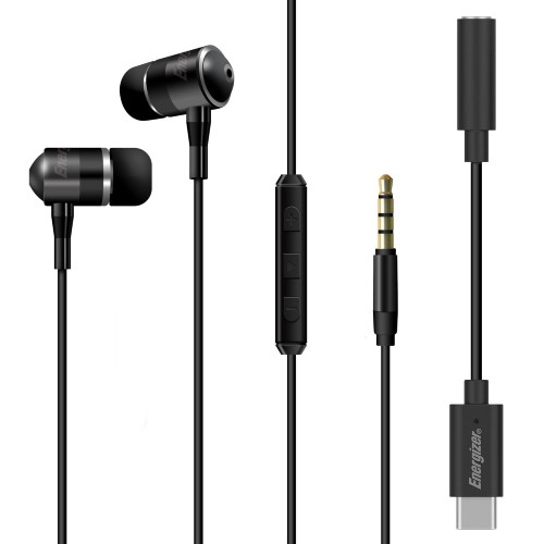 ENERGIZER UIL35 In-ear Wired Headphones 3.5mm Aux with Type-C Adapter - Black-Black / Earphones Wired / New