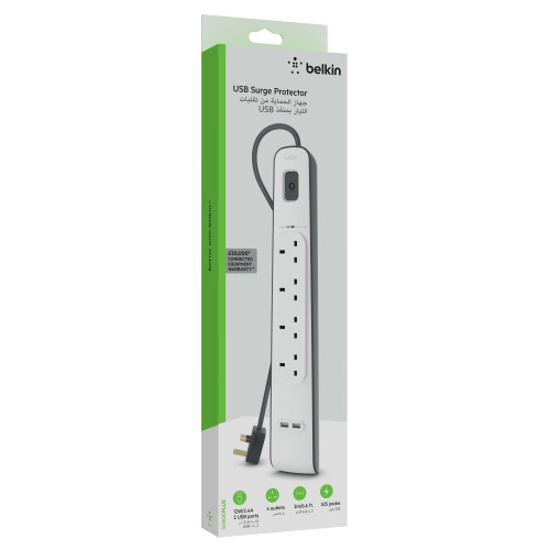 BELKIN Surge Protector - 4 outputs - 2 USB Ports - 2M - White BELKIN Surge Protector - 4 outputs - 2 USB Ports - 2M - White