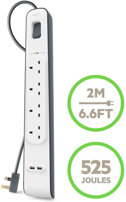 BELKIN 4 Way Surge Protection Strip - 2M With 2 X 2.4Amp USB Charging