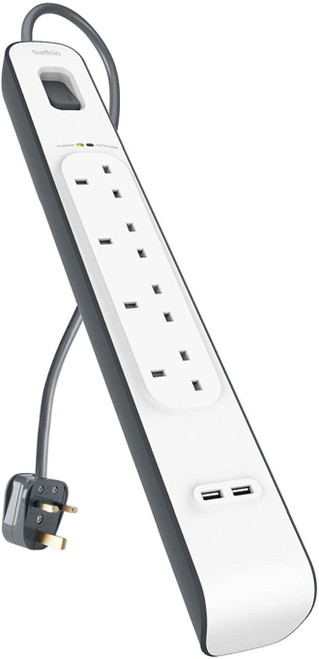 BELKIN 4 Way Surge Protection Strip - 2M With 2 X 2.4Amp USB Charging BELKIN 4 Way Surge Protection Strip - 2M With 2 X 2.4Amp USB Charging