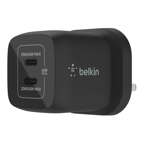 BELKIN BoostCharge 45W Dual USB-C PD Wall Charger w/ PPS - UK 3-Pin Plug - Blac
