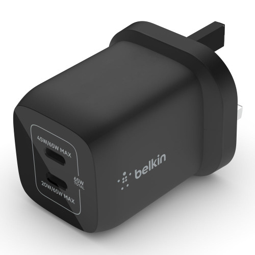 BELKIN BoostCharge 65W Dual USB-C PD Wall Charger w/ PPS - UK 3-Pin Plug - Blac