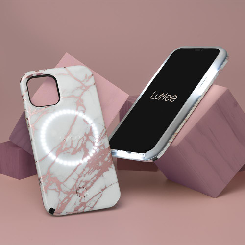 LUMEE Halo Selfie Light Case for iPhone 12 Pro Max - Rose Gold White Marble