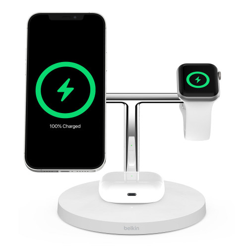 BELKIN BoostCharge Pro MagSafe 3-In-1 with 15W Wireless Charger UK - White-White / Wireless Chargers / New