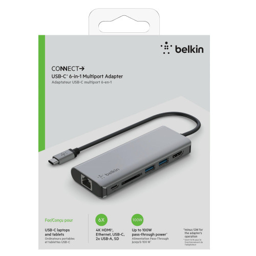 BELKIN Connect USB-C 6-in-1 Multiport Hub - HDMI 4K, Ethernet Port, SD Card Slo BELKIN Connect USB-C 6-in-1 Multiport Hub - HDMI 4K, Ethernet Port, SD Card Slo