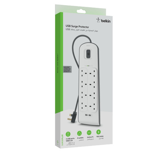 BELKIN Surge Protector - 8 outputs - 2 USB Ports - 2M - White BELKIN Surge Protector - 8 outputs - 2 USB Ports - 2M - White