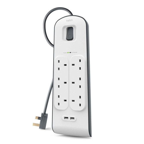 BELKIN 6 Way Surge Protection Strip - 2m with 2 x 2.4amp USB Charging