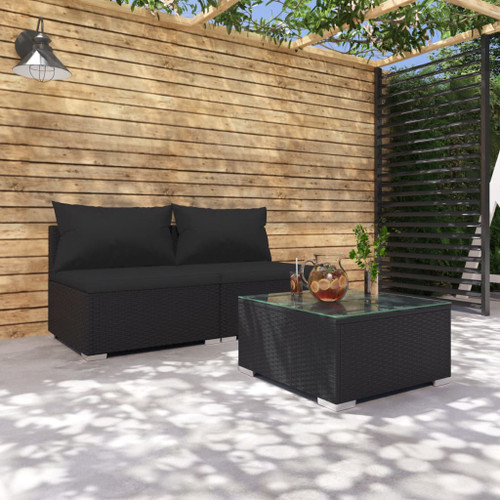 vidaXL 3 Piece Garden Lounge Set with Cushions Poly Rattan Black