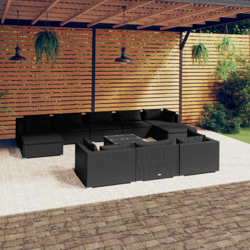 vidaXL 11 Piece Garden Lounge Set with Cushions Black Poly Rattan