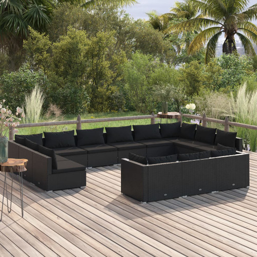 vidaXL 13 Piece Garden Lounge Set with Cushions Black Poly Rattan