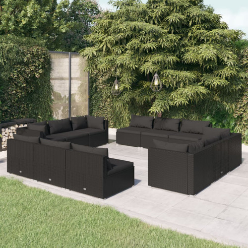 vidaXL 12 Piece Garden Lounge Set with Cushions Poly Rattan Black