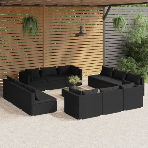 vidaXL 13 Piece Garden Lounge Set with Cushions Poly Rattan Black