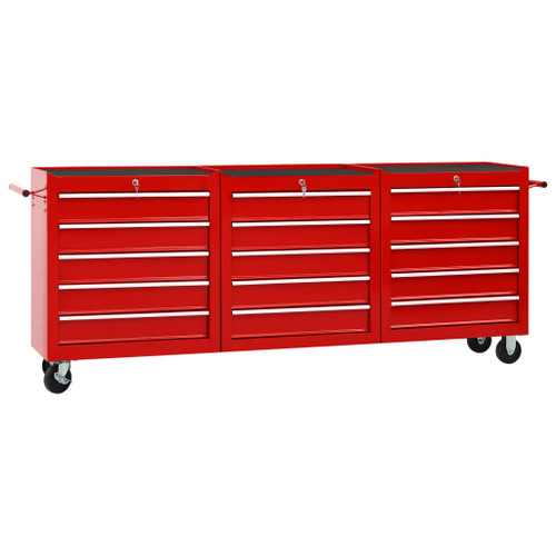 vidaXL Tool Trolley with 15 Drawers Steel Red (147175+2x147176)