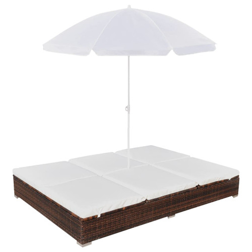 vidaXL Outdoor Lounge Bed with Umbrella Poly Rattan Brown