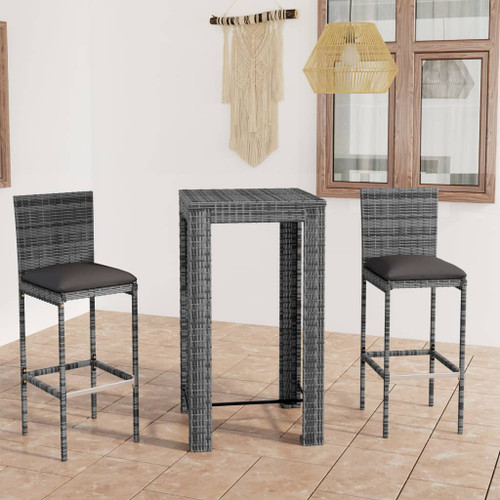 vidaXL 3 Piece Outdoor Bar Set with Cushions Poly Rattan Grey