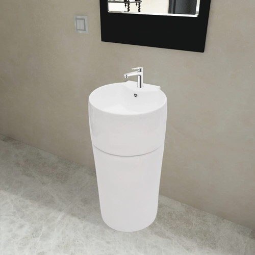 vidaXL Ceramic Stand Bathroom Sink Basin Faucet/Overflow Hole White Round