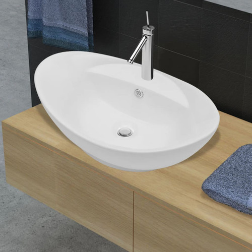 vidaXL Luxury Ceramic Basin Oval with Overflow and Faucet Hole