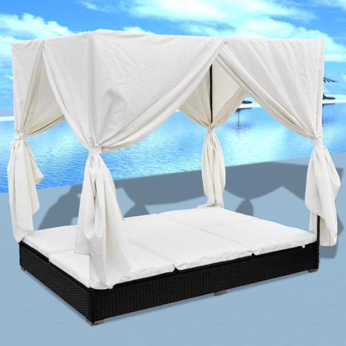 vidaXL Outdoor Lounge Bed with Curtains Poly Rattan Black