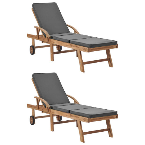 vidaXL Sun Loungers with Cushions 2 pcs Solid Teak Wood Dark Grey