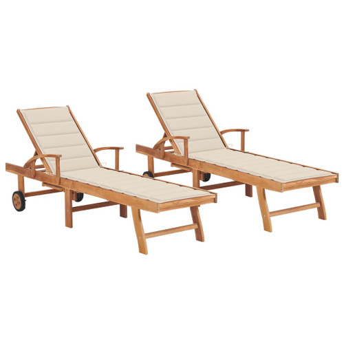 vidaXL Sun Loungers 2 pcs with Cream Cushion Solid Teak Wood