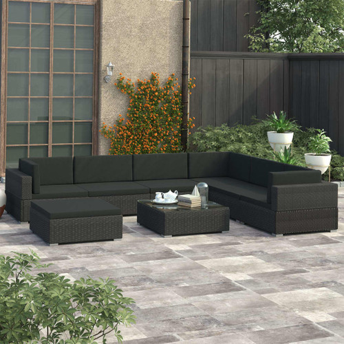 vidaXL 8 Piece Garden Lounge Set with Cushions Poly Rattan Black