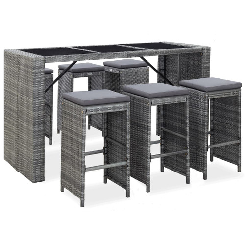 vidaXL 7 Piece Garden Bar Set with Cushions Poly Rattan Grey