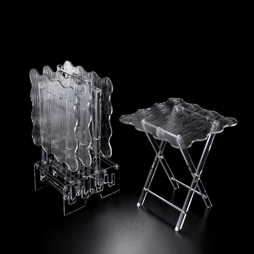 Vague Acrylic 4 Square Coffee Tables with Stand Set Wave Bark Design