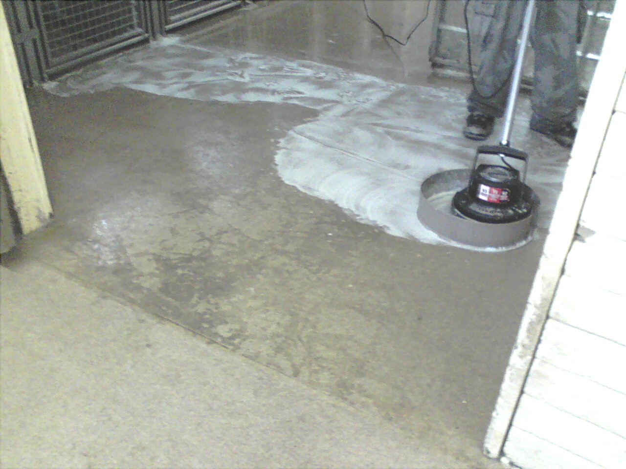 Kennel cleaner treating kennel floor with special flooring surface.