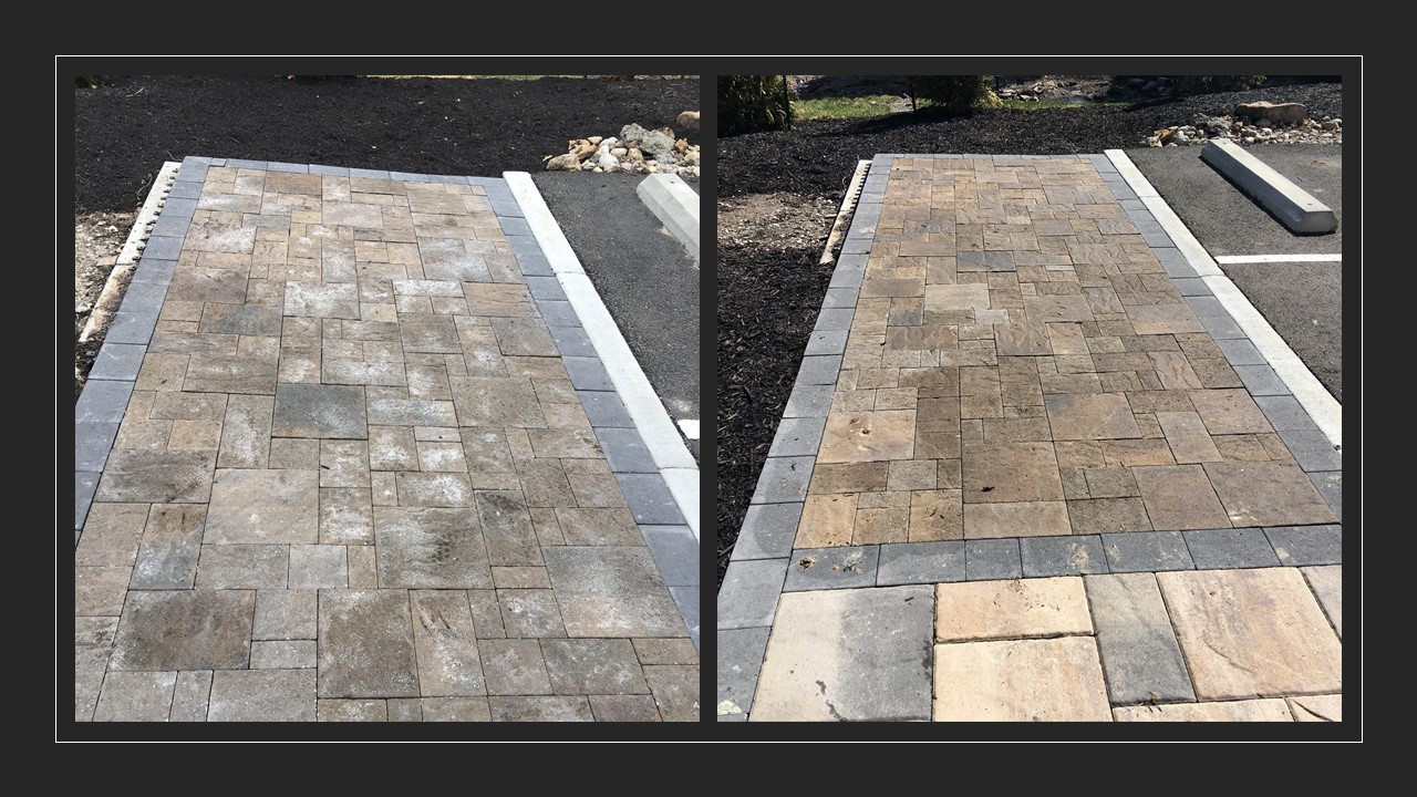 Before and After removing efflorescence of pavers