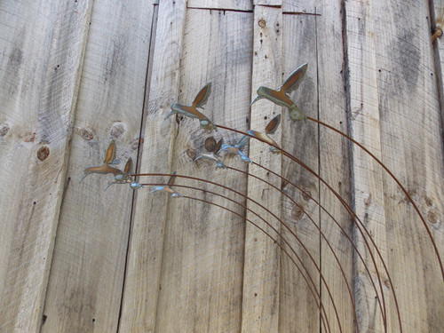 Metal Yard Art Hummingbird sculputre with flock of 8 Hummingbirds by The Lazy Scroll