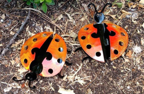 Set of 2 Black and Red Handcrafted Metal Ladybug Garden Art