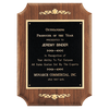 American Walnut Scalloped Corner Plaque with Gold Scrolls and Go ld Border Black Laser Engravable Plate