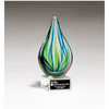 8" Blue and Green Teardrop Art Glass on Clear Glass Base with Black Laserable Aluminum Plate
