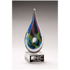 9 7/8" Multi-Colored Teardrop Art Glass on Clear Glass Base with Black Laserable Aluminum Plate