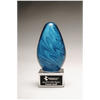 6 1/4" Blue and Green Egg Shaped Art Glass on Clear Glass Base with Black Laserable Aluminum Plate