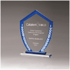Shield Shaped Glass Award with Blue Border and White Laurel Leaves