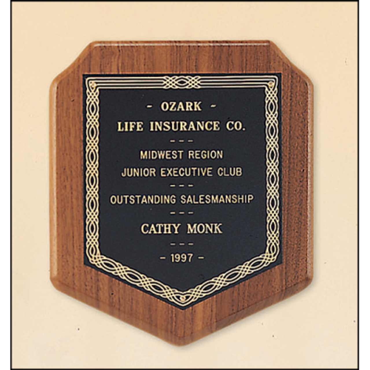 American Walnut Shield Plaque with a Black Brass Plate P102