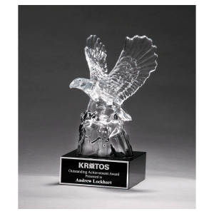 4 1/2" x 9 1/2" Beautiful Carved Crystal Eagle on a Black Crystal Base with Black Laserable Aluminum Plate