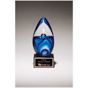 6 1/2" Blue Egg Shaped Art Glass on Black Glass Base with Black Laserable Aluminum Plate