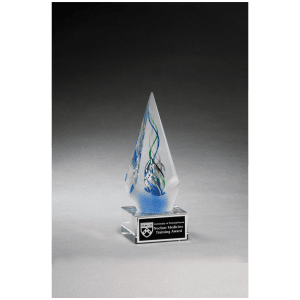  7 1/8" Frosted Glass Accent Arrow Art Glass on Clear Glass Base with Black Laserable Aluminum Plate